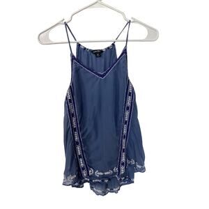 Lucky Brand Women's Silk Tank Top Spaghetti Straps Embroidered Boho Blue Size XS